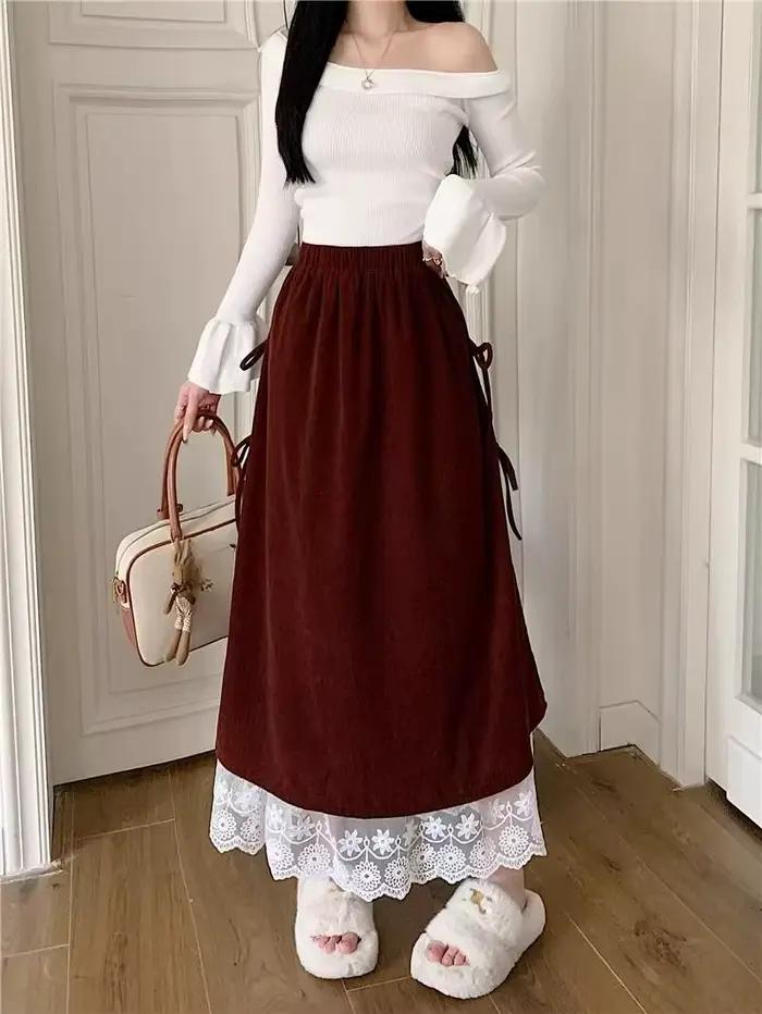 Demi-jupe en velours côtelé pour femmes, garniture en dentelle, longue, ample, amincissante, ligne a