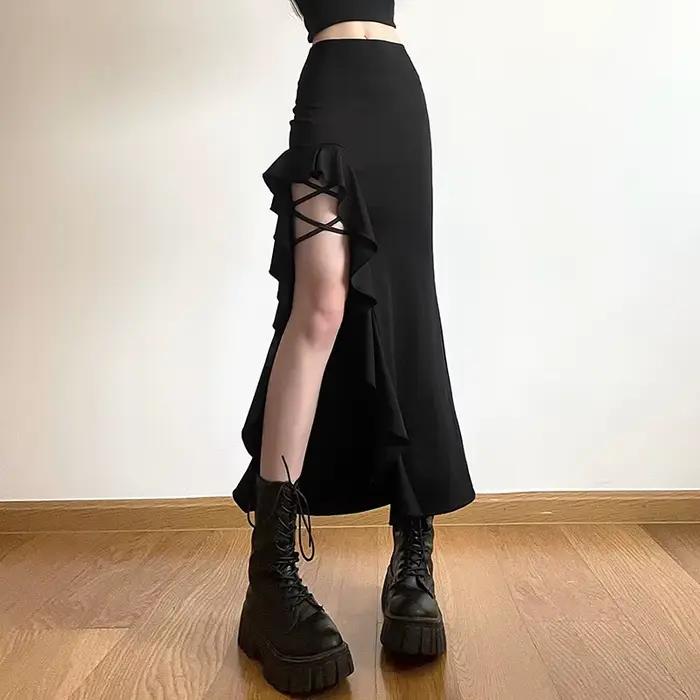 Jupe fendue à lacets pour femmes, jupes mi-longues à la mode, hanches rondes minces, sexy, nouveau s