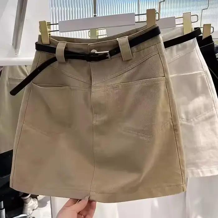Jupe en jean kaki taille haute coupe trapèze mini pour femme, jupe courte d'été anti-transparence en