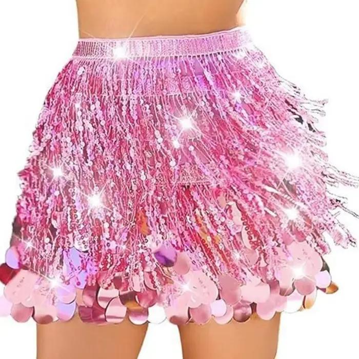 39BD – jupe portefeuille danse du ventre avec paillettes, Mini jupe à paillettes pour femmes, écharp