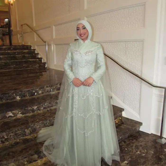 Robes de mariée sexy à manches longues pour femmes, col montant, robes de bal coupe trapèze, robes d
