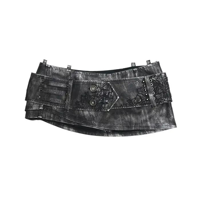 Jupe courte en cuir PU vieilli Lautaro Printemps-Été pour femme avec ceinture brodée et rivets, styl