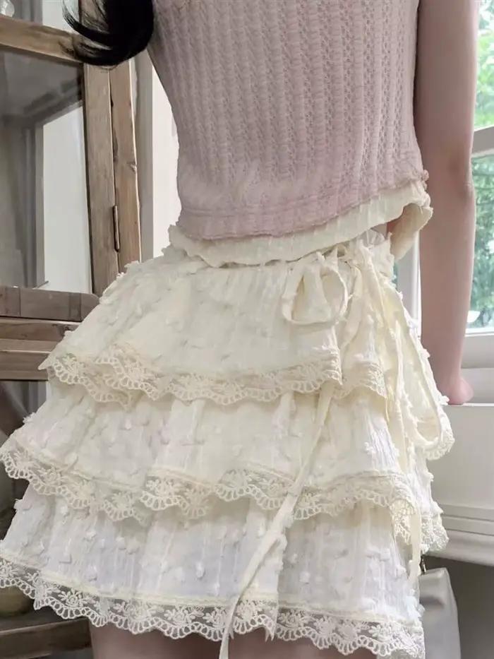 Mini jupes en dentelle à volants pour femmes, douce Kawaii, Patchwork Y2k, Beige, japonais, Lolita, 