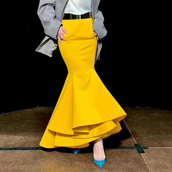 Jupe Sirène Chic en Satin pour Femme, Volants Uniques à Plusieurs Niveaux, ixde Célébrité, sur Mesur