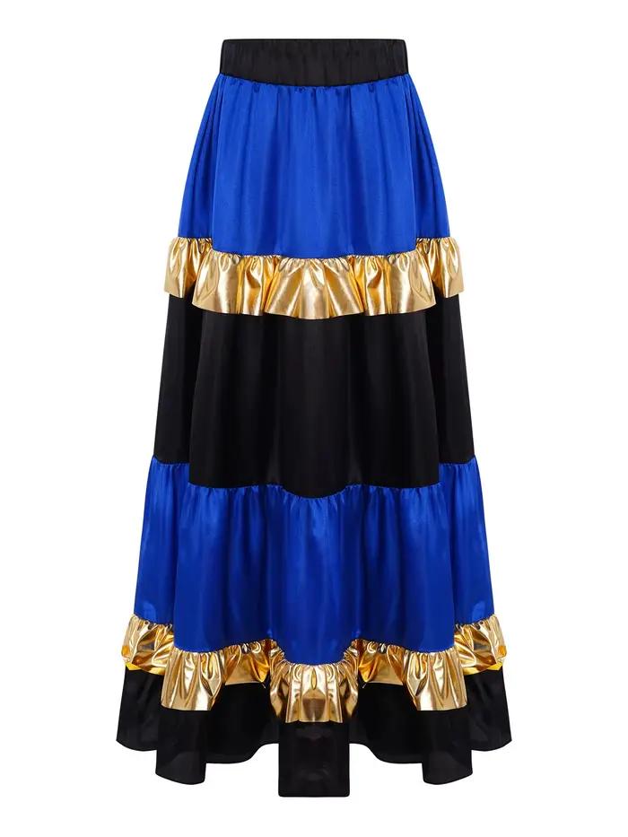 Jupe de danse Flamenco espagnole pour filles, longue jupe à volants en Satin à pois, vêtements de da