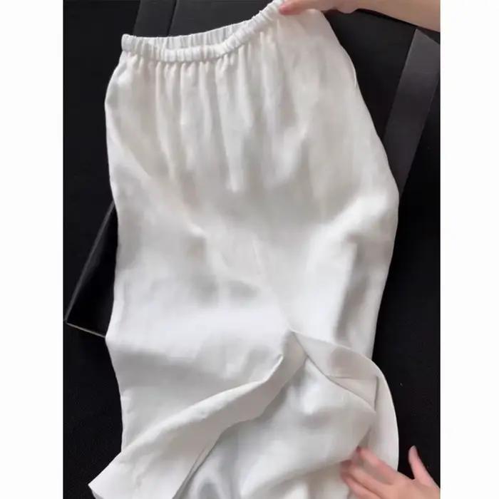 Jupe mi-longue pour femme en lin blanc, taille élastique avec cordon de serrage, confortable et resp