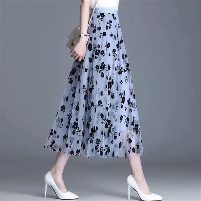 Maille jupe florale femmes 2023 printemps été automne longue gaze jupe taille haute grâce mode bouff