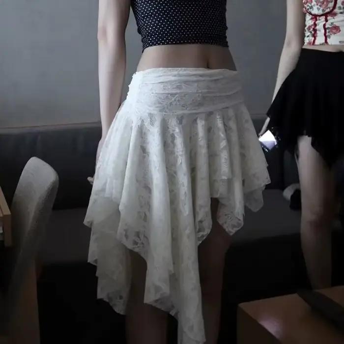 Jupe mi-longue en dentelle superposée de Style français avec ourlet asymétrique, blanche, élégante, 