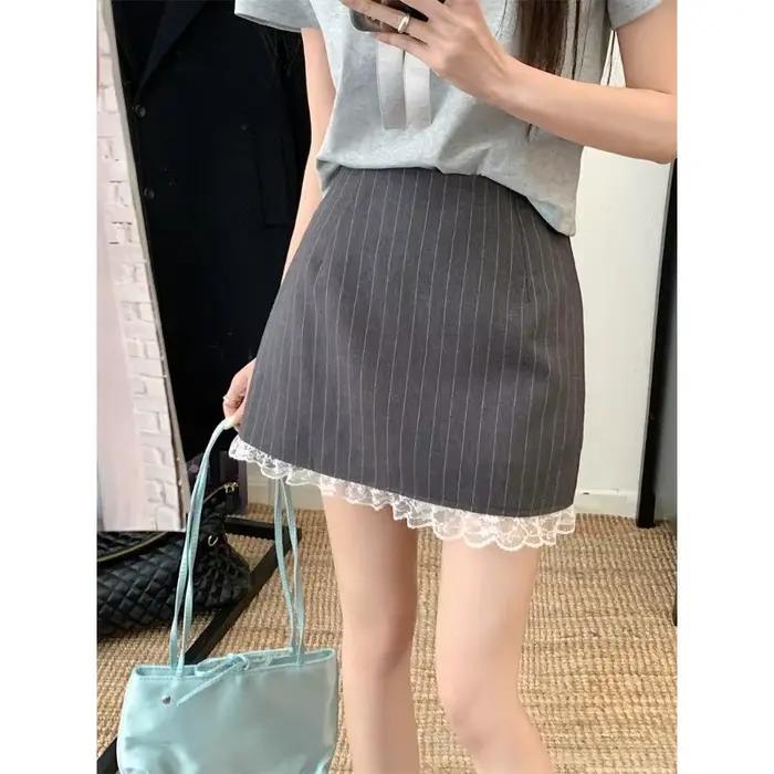 Jupe courte rayée française, nouvelle collection été, taille haute, design polyvalent, dentelle anti