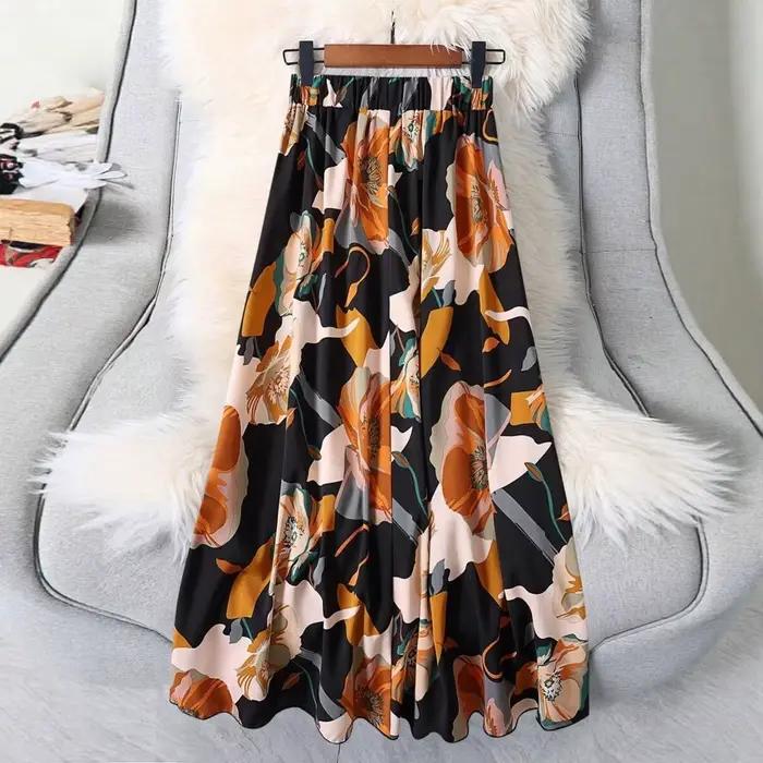 Jupe longue évasée à imprimé floral pour femme, coupe ample amincissante, mi-longue, en polyester, i