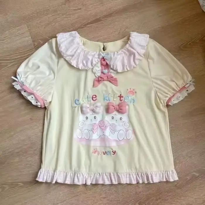Ensemble jupe et t shirt style lolita kawaii japonais pour femme avec noeud et imprimé chat mini jupes mignonnes effet gâteau y2k harajuku occassions estivales et événements spéciaux