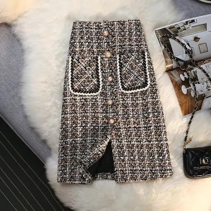 Jupe longue en laine à carreaux taille haute pour femmes