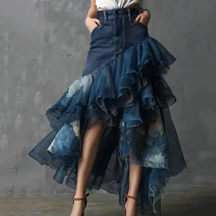Jupe longue asymétrique en jean patchwork à volants taille haute avec superposition de tulle transparent pour femme – Tenues de mode féminines