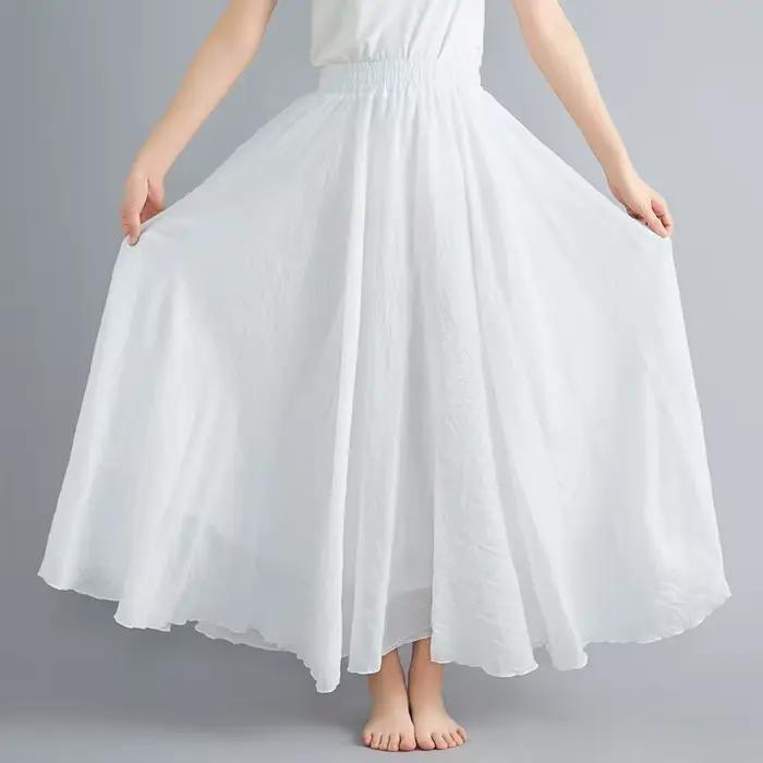 Jupe longue évasée en coton et lin de couleur unie pour femme