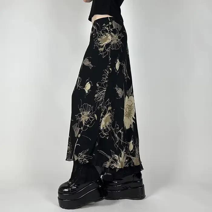 Jupe longue en maille double couche avec motif floral pour style gothique Y2K femmes été cheville tricot ajustée silhouette trompette sirène