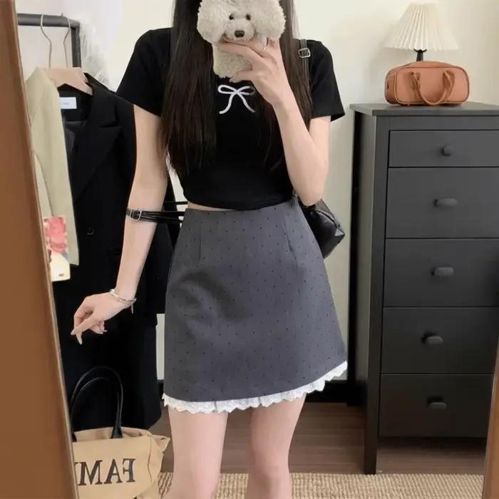 Jupe courte élégante et charmante taille haute à pois avec dentelle style rétro volants en dentelle jupe trapèze pour femme tenue d'été occassions spéciales