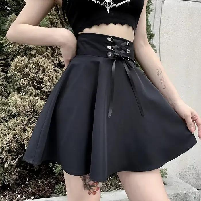 Femmes basique polyvalent évasé décontracté Mini jupe patineuse taille haute école Goth Punk