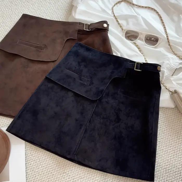 Mini-jupe trapèze taille haute en daim couleur café avec ourlet irrégulier pour femme – Jupe courte tendance amincissante