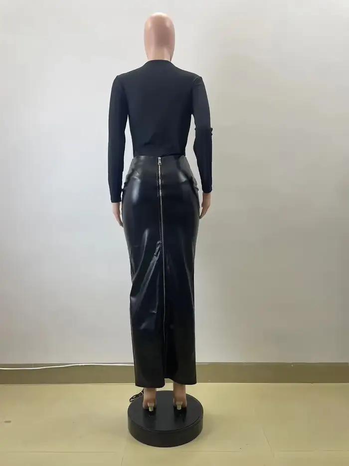 Jupe noire en PU Midi mode Sexy femmes taille haute élastique longue
