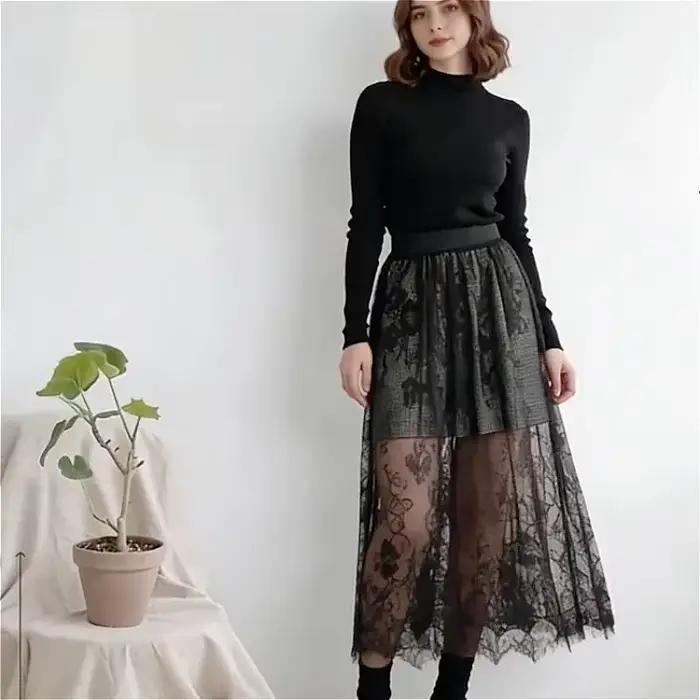 Jupe longue en tulle transparente et élégante en dentelle sexy