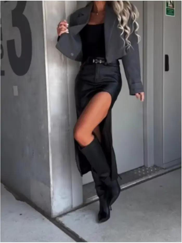 Jupe mi-longue en cuir Pu pour femmes