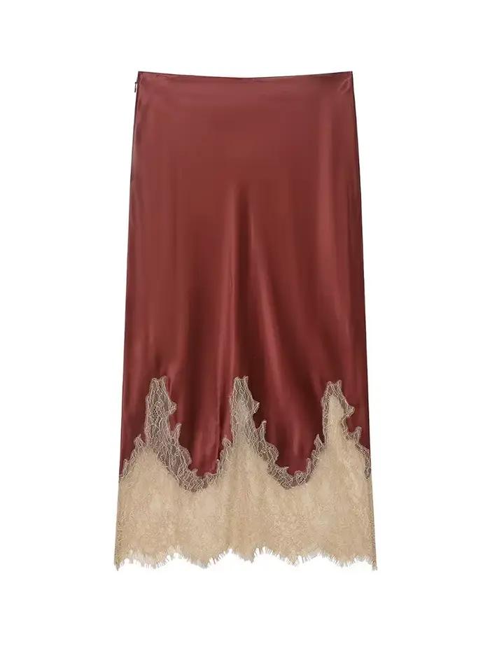 HH femmes mode dentelle décoration côté fermeture éclair jupe longue taille haute ample Satin Texture