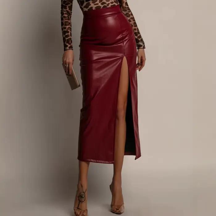 Jupe mi-longue en cuir Pu pour femmes