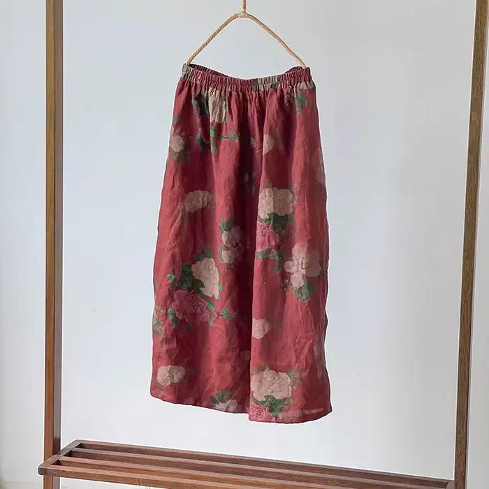 Femmes coton lin jupe décontractée nouveau 2025 printemps Style Vintage imprimé fleuri ample confortable femme a-ligne jupes longues M980