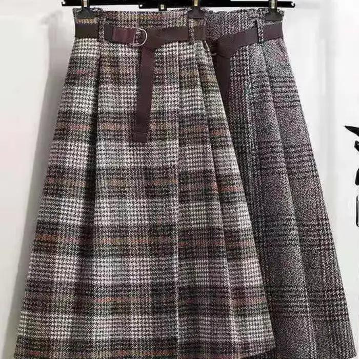 Jupe femme grande taille Tweed Plaid automne hiver a-ligne mi-longue plissée irrégulière Vintage vêtements