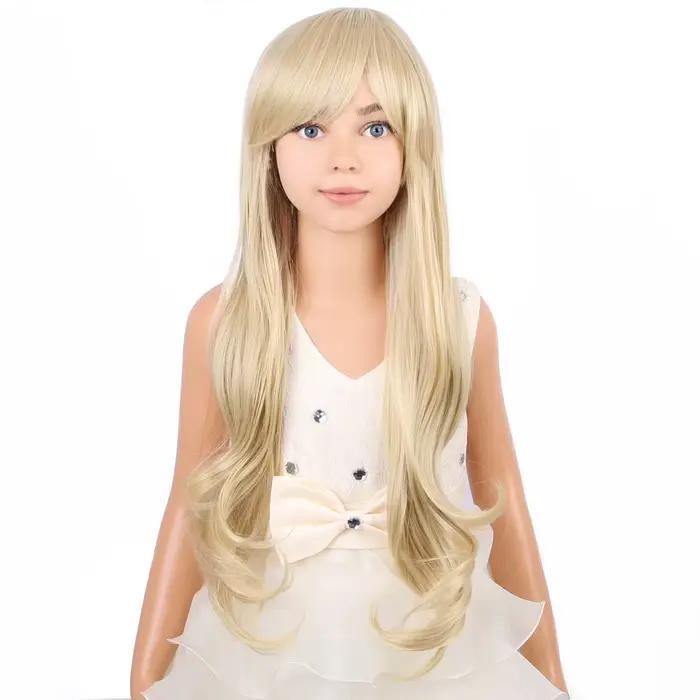 Perruque longue blonde ondulée pour enfants, perruque blonde avec frange pour filles, perruques longues blondes claires, perruque synthétique