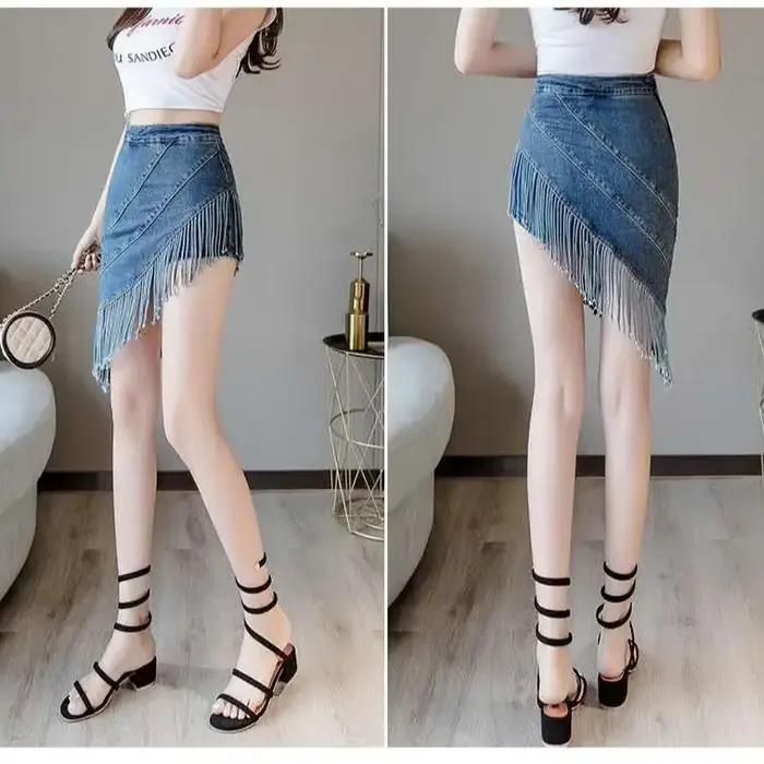 Frange Gyaru courte bleu Wrap femmes jupe en jean serré Coquette Mini Sexy femme