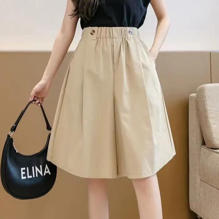 Bermuda demi-jupe femme élégante avec plis, mixte coton-polyester, ajustement lâche, taille élastique, pour l'été, kaki, noir, vert, style décontracté mais sophistiqué, pour les femmes, idéale pour les occasions estivales