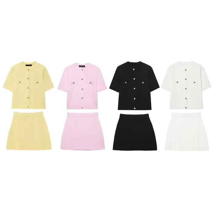 Ensemble jupe courte et haut tricoté à manches courtes pour femme