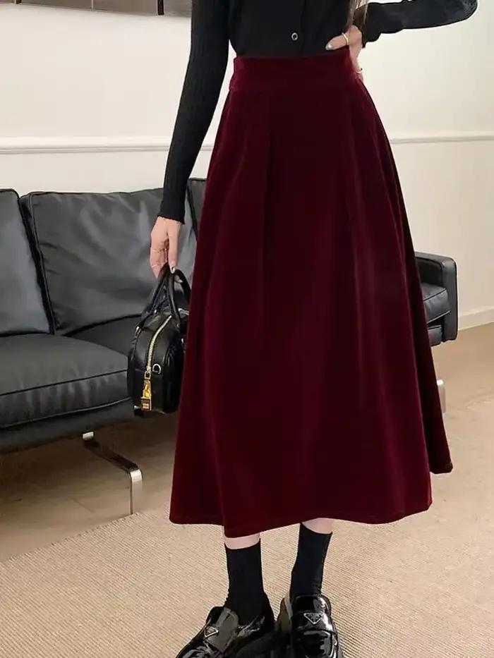 Jupe trapèze plissée en velours pour femme