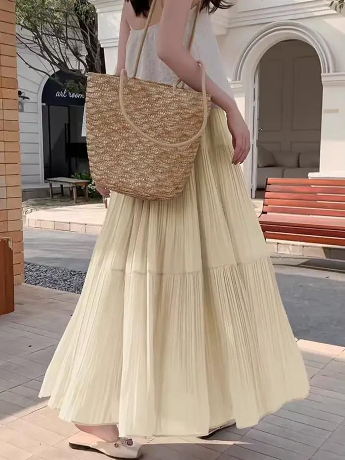 Été 2025 jupe longue plissée en mousseline de soie à plusieurs niveaux fille fluide a-ligne taille haute