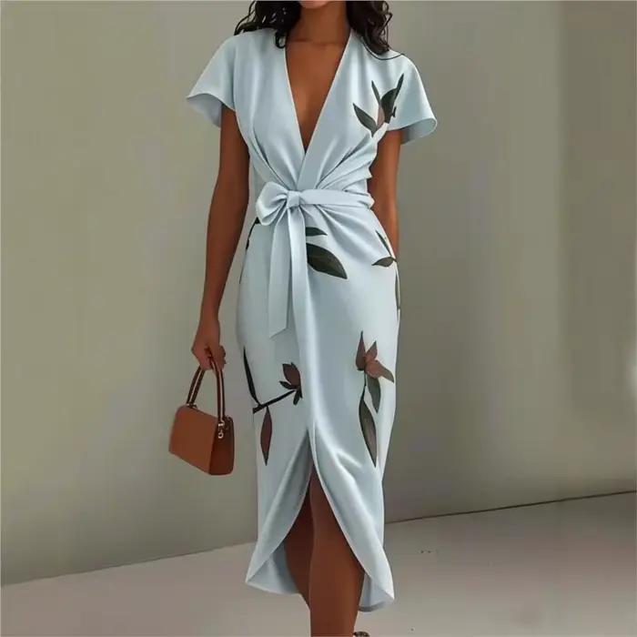 Robe portefeuille mi-longue élégante imprimé floral pour femmes décontractée printemps été ourlet fendu col en V manches courtes