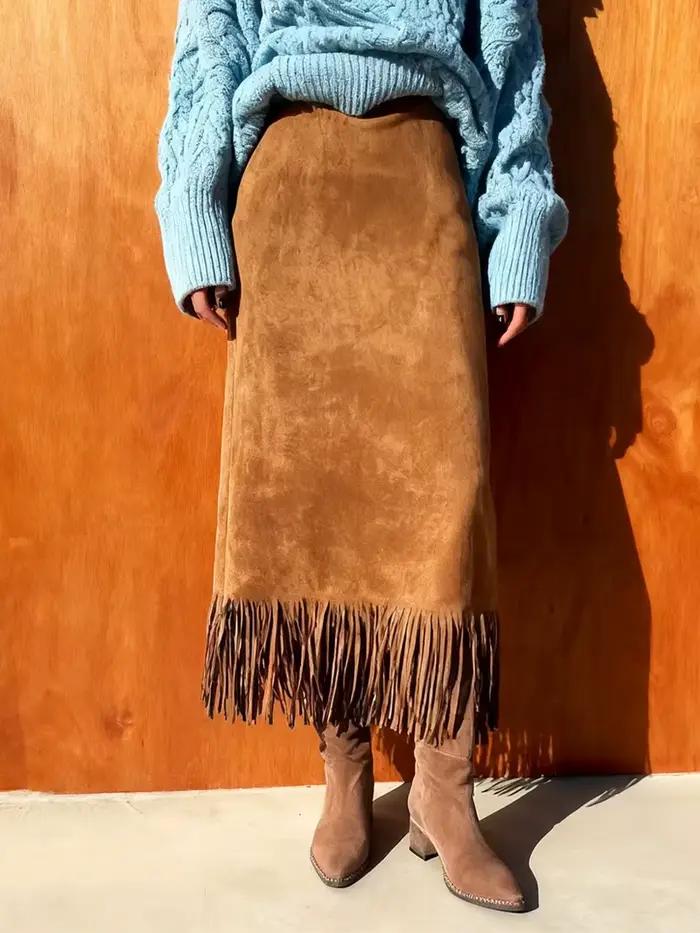 Rétro daim cuir jupe longue automne hiver femmes jupes à franges haute rue minceur solide élégant dame mode