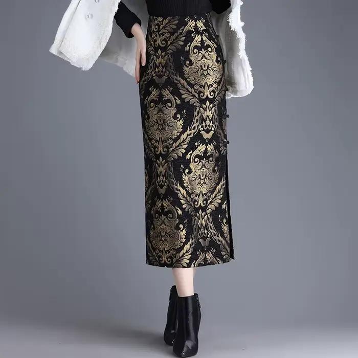 ZUZK velours or gaufré jupe droite femmes automne hiver nouveau rétro coupe ajustée corps fendu mi-longue une étape