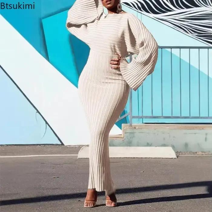 Femmes automne manches chauve-souris tricoté côtelé Robe longue moulante solide élégant col rond