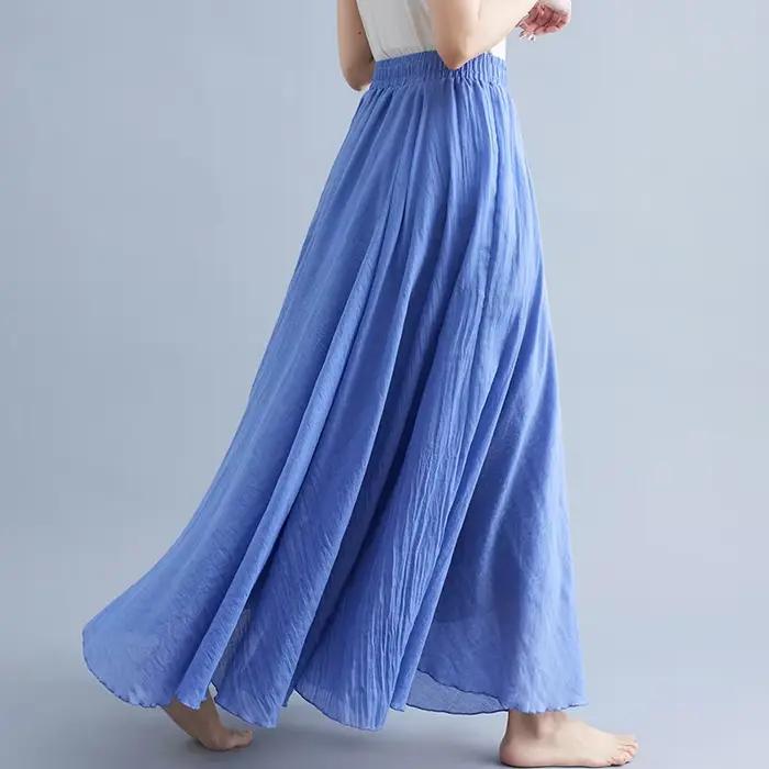 Haute qualité coton lin Maxi jupe femmes décontracté élastique taille