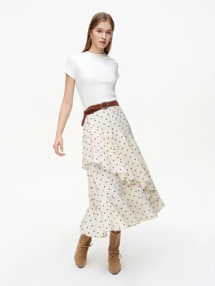 Jupe Valse à Pois DUSHU Printemps 2026 Pour Femme Occasions Spéciales Sortie Nocturne Soirée Chic Mi-Mollet Décontracté Polyester