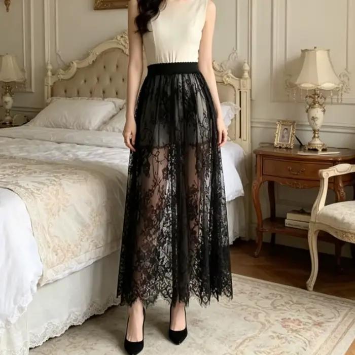 Jupe TDFunlive en polyester et acrylique avec dentelle blanche pour femmes, silhouette fluide, décontractée, printemps été, plage, cérémonies spéciales