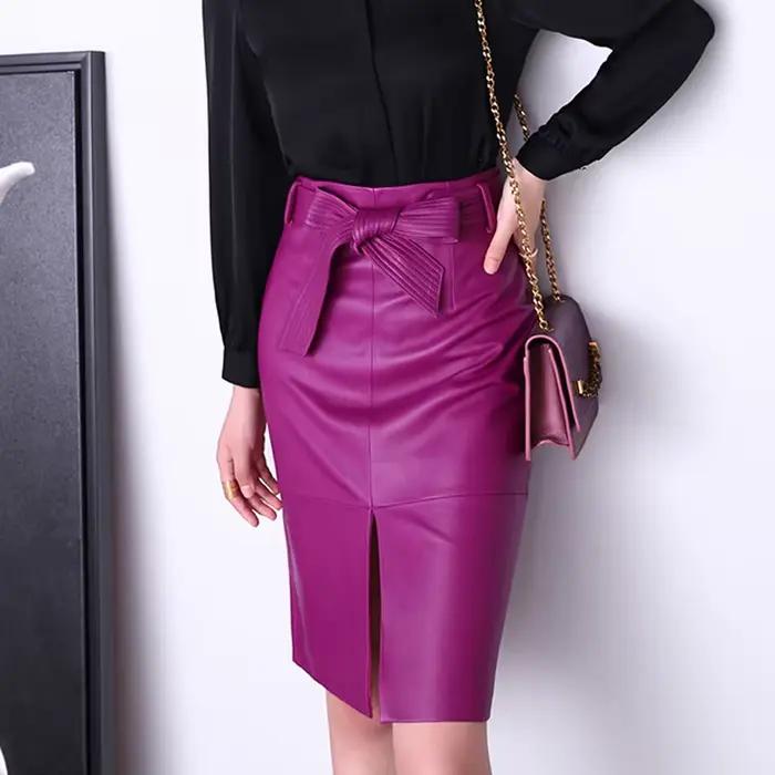 Jupe mi-longue en cuir véritable pour femme