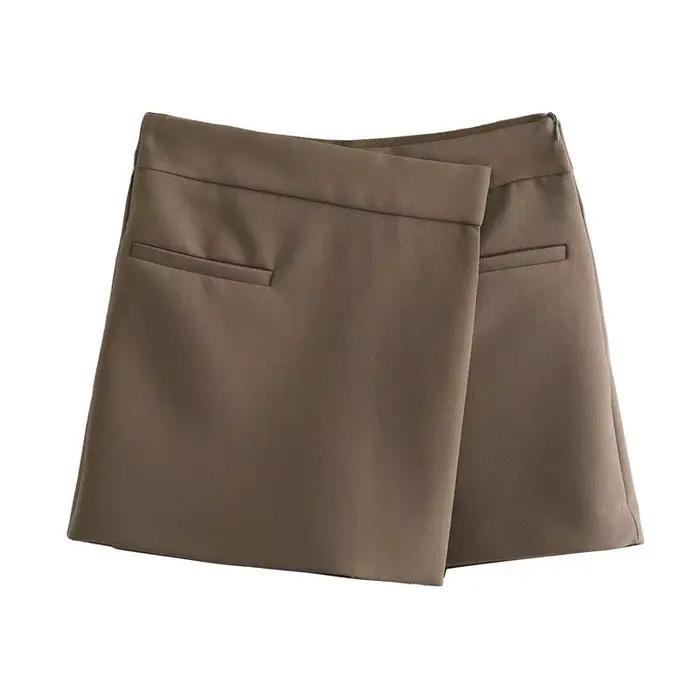 Femme taille haute Shorts jupes 2025 mode poches avant fendu bureau dame Mini jupe Vintage asymétrique côté fermeture