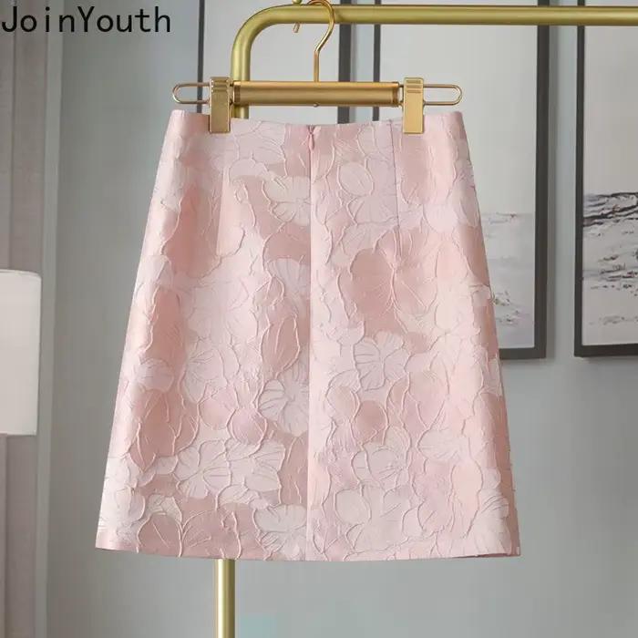 Jupe Jacquard pour femmes 2025 Faldas Mujer De Moda taille haute tunique rose