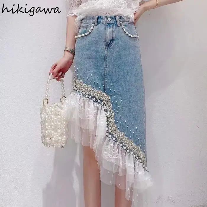 Jupe en jean femmes Patchwork dentelle douce