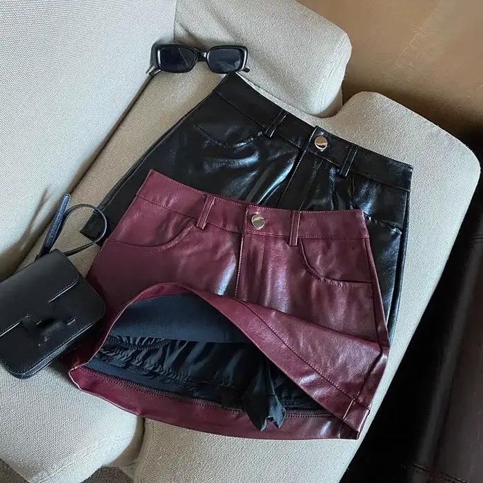 Vin rouge PU jupes en cuir pour femmes Sexy Clubwear hanche enveloppé