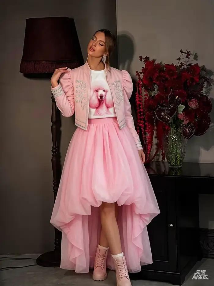 Jupe longue asymétrique rose pâle en tulle multicouche