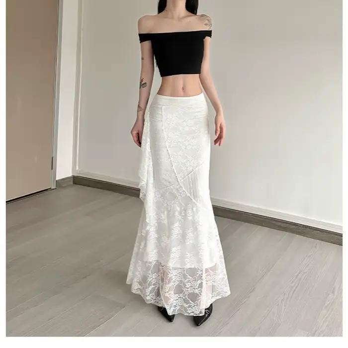 Dentelle Patchwork jupes femmes taille haute couvrant les hanches irrégulière décontracté mode crémeux doux Style