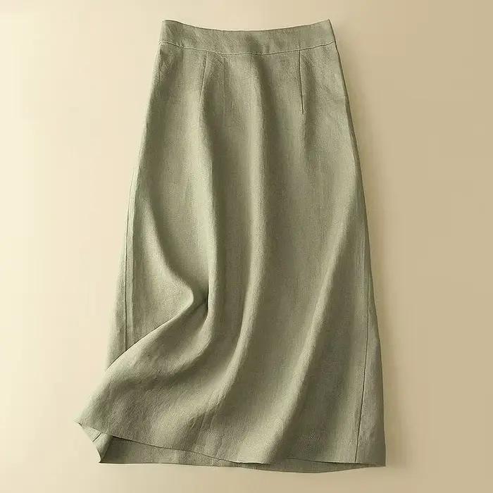 Jupe en lin mi-longue style artistique rétro décontractée pour mode printemps été jeunes adultes branchées